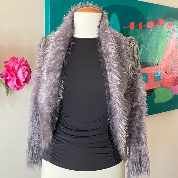 BOLERO CARDIGAN WOOL BLEND GREY KNIT FUZZY 3/4 SLEEVE SHAWL COLLAR SMALL - Picture 4 of 13